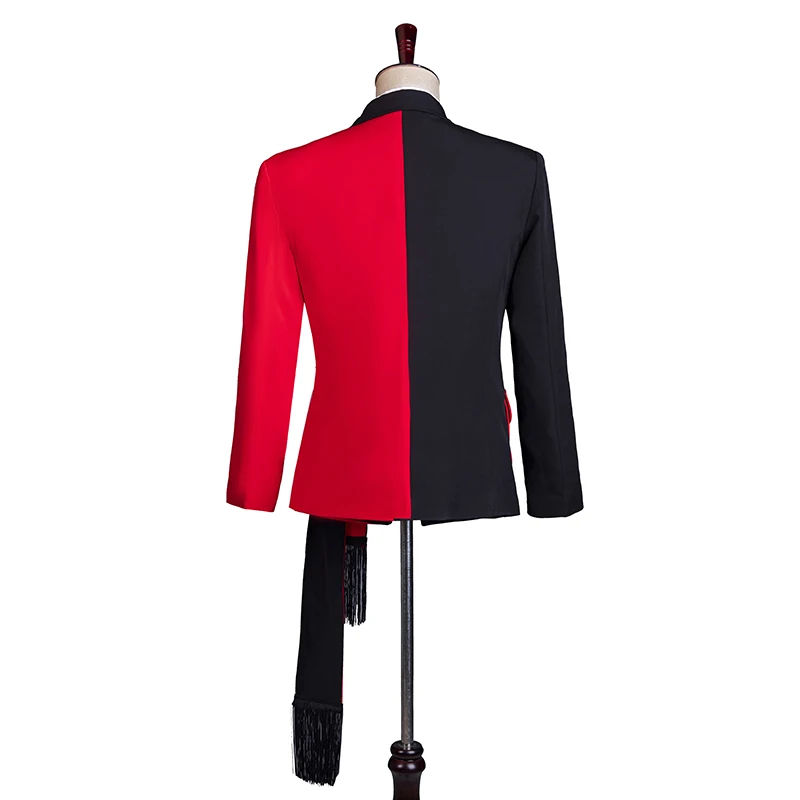 Rood En Zwart Contrasterende Kleur Bijpassende Blazer Mannelijk Pak Slank Podium Show Singer Performance Kwastje Stijl Trouwpakken Mannen