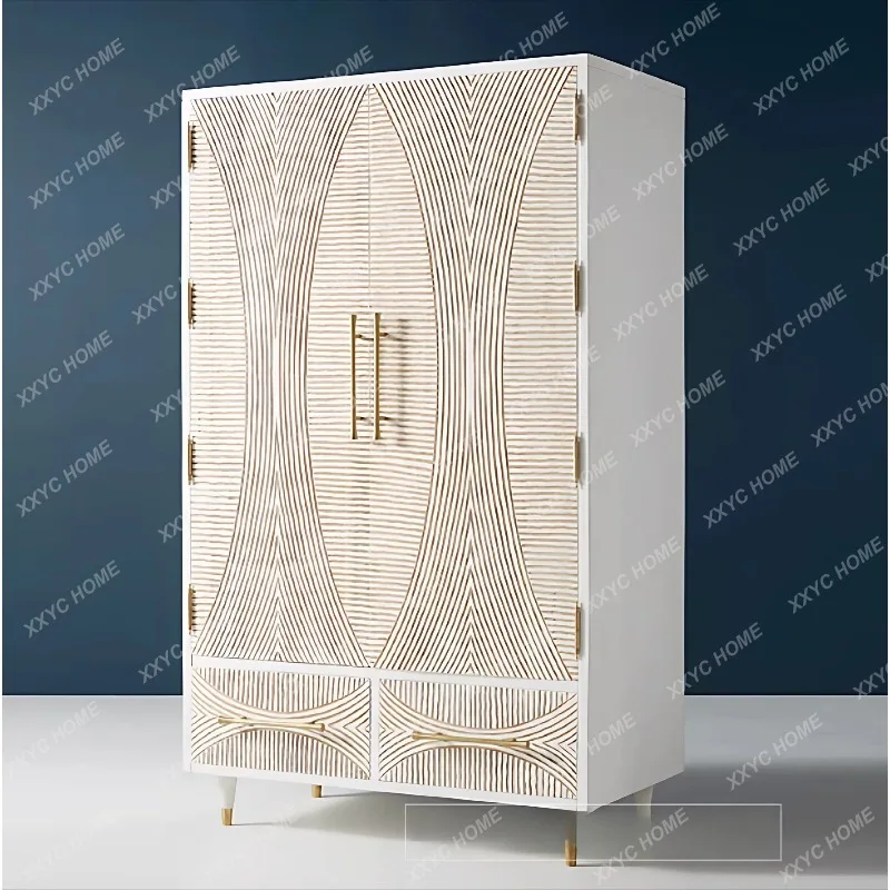 XXBohemian white wardrobe double door solid wood relief large wardrobe simple bedroom furniture design simple cabinet