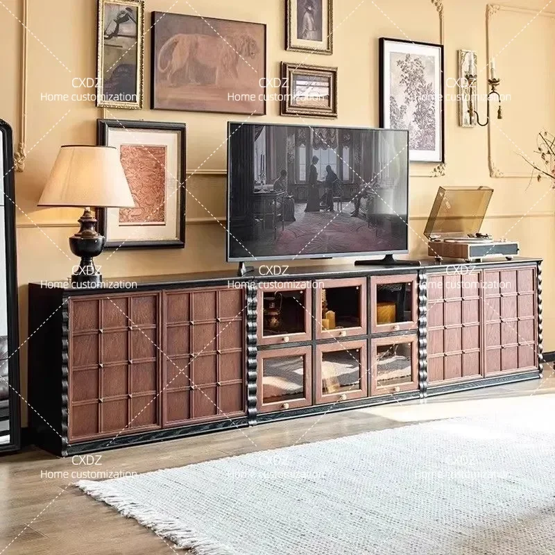 Retro Solid Wood TV Cabinet Modular Combination Unit with Antique Skeleton Line Design Living Room Floor Storage Chest