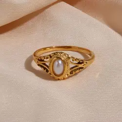 New Thin 18K Gold Plated Hollow Texture Natural Freshwater Pearl Rings For Women Stainless Steel Tarnish Free Gold Ring