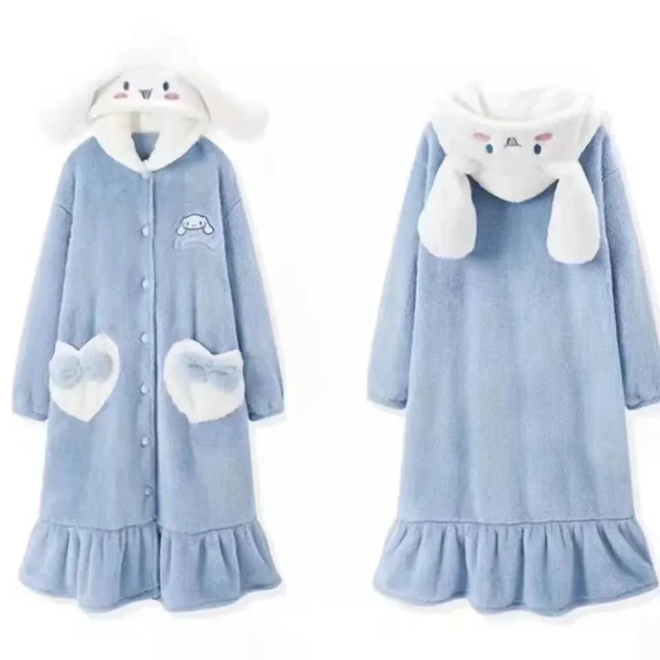 Cinnamoroll Sanrio Robe Pajamas Kawaii Hooded Dressing Gowns Lady Thickened Warm Loungewear Cute Autumn Winter Leisure Clothing