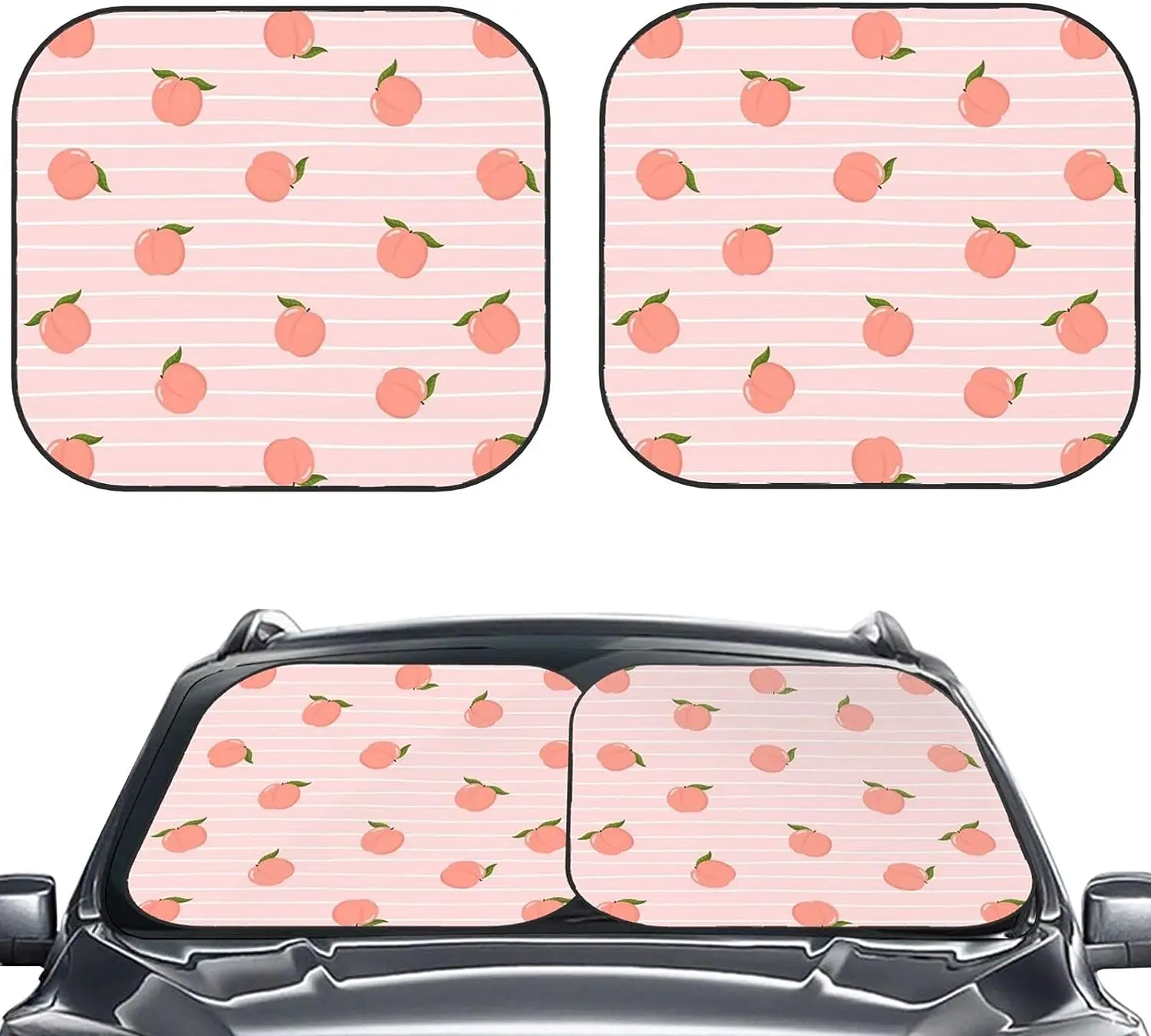 2 Piece Car Windshield Sun Shade Cute Pink Peach and Stripes Print Sunshades Sun Visor Protector Blocks UV Rays Foldable