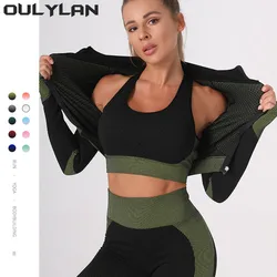 Oulylan reggiseno sportivo Fitness Yoga Set donna 3 pezzi completi da allenamento senza cuciture Set Yoga abbigliamento sportivo Leggings e Stretch