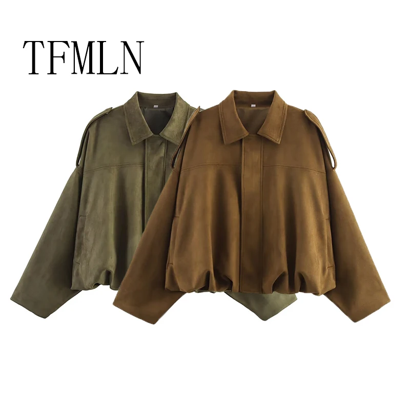 

TFMLN New Fashion Pockets Suede Jacket For Women Autumn Long Sleeve Casual Zipper Bomber Jacket Chic Lady Streetwear Coat