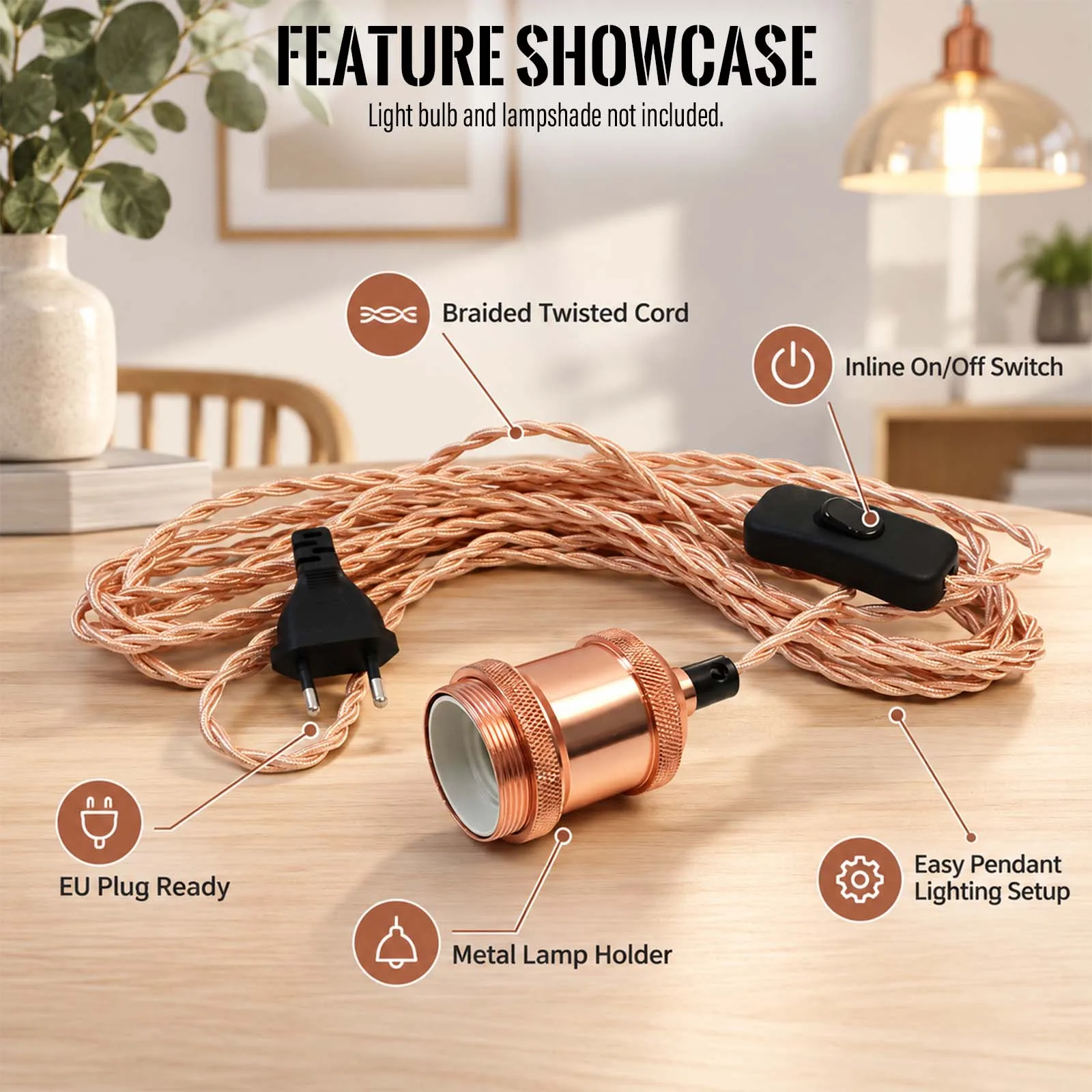 Pendant Light Cord, Rose Gold Braided Wire, Rose Gold E27 Socket, Inline Switch, EU Plug, Modern, Minimalist, DIY