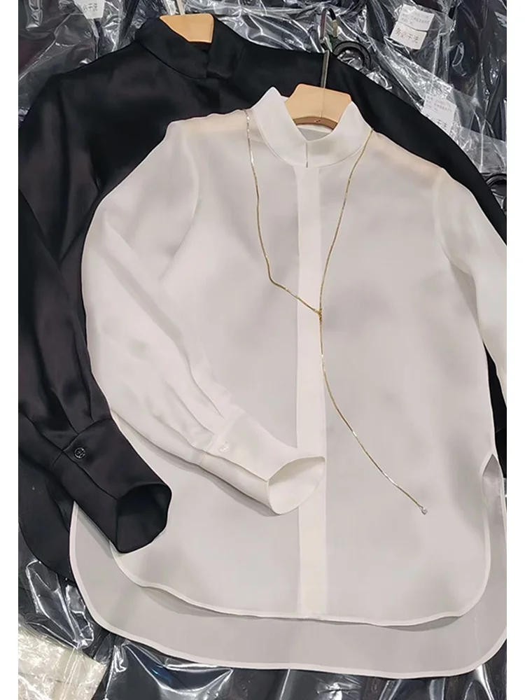 

Новая китайская шелковая блузка для женщин с длинным рукавом, универсальный топ с эффектом высокого качества, модный женский топ.