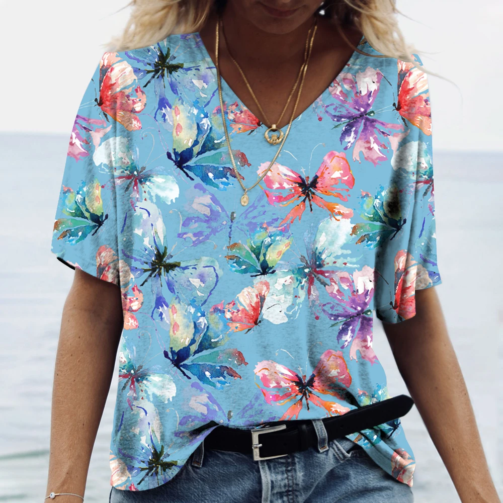 Butterfly Floral Graphic 3D Print T-Shirts Women's Y2k Tops Tees V Neck Female Harajuku T Shirt Woman Oversized Casual Clothes