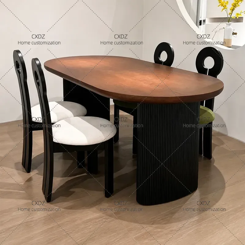 Medieval Solid Wood Oval Dining Table Two Tone Splicing Vertical Pattern Legs Retro Home Restaurant Furniture Set with Chairs