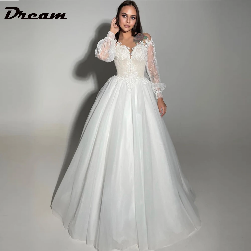 

DREAM Long Puff Sleeves Tulle Lace Wedding Dress 2022 Sheer Neck Lace-Up Ball Gown Princess Bridal Gown Winter NEW