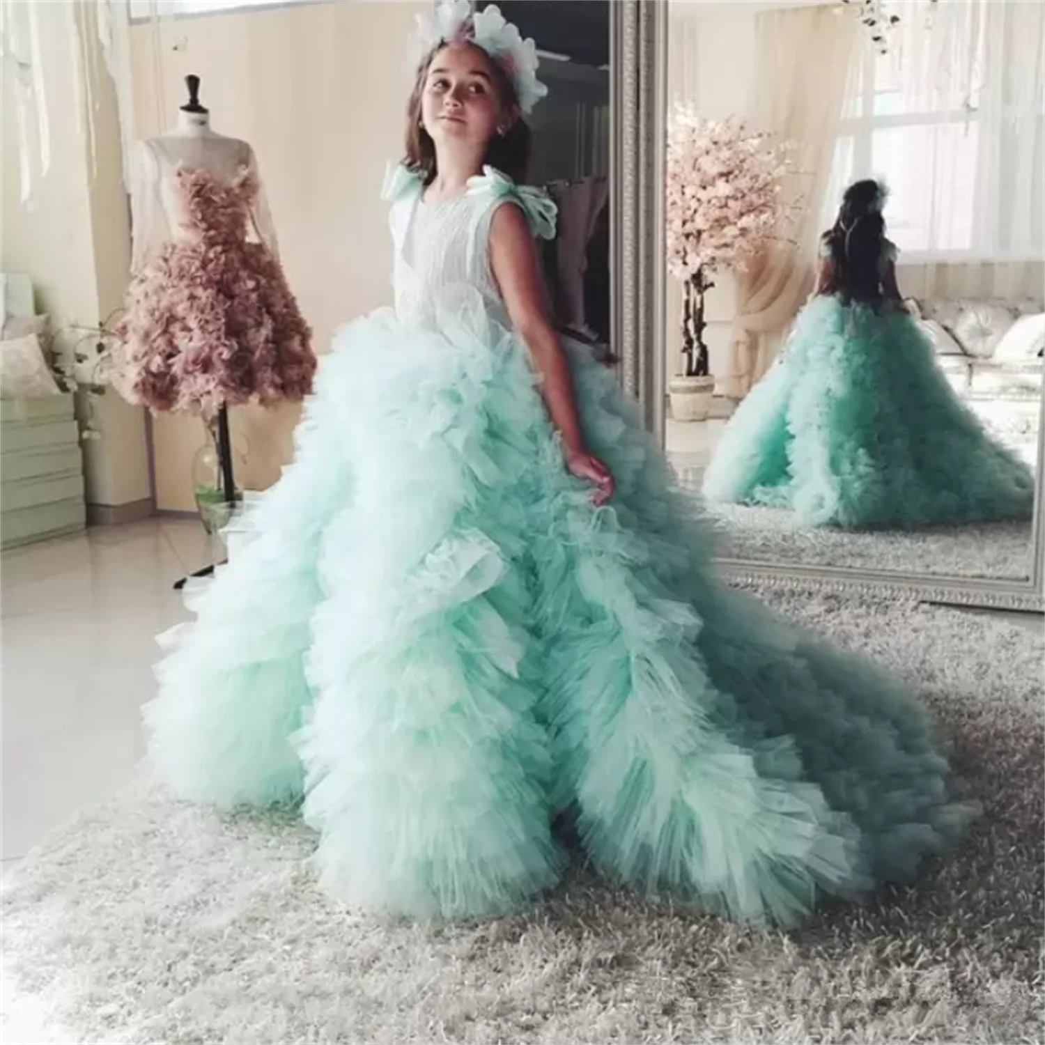 Mint Green 0-Neck Flower Girl Dresses Pageant Dresses for Girls Glitz Court Train Ruffles With Bow Kids Prom Dresses