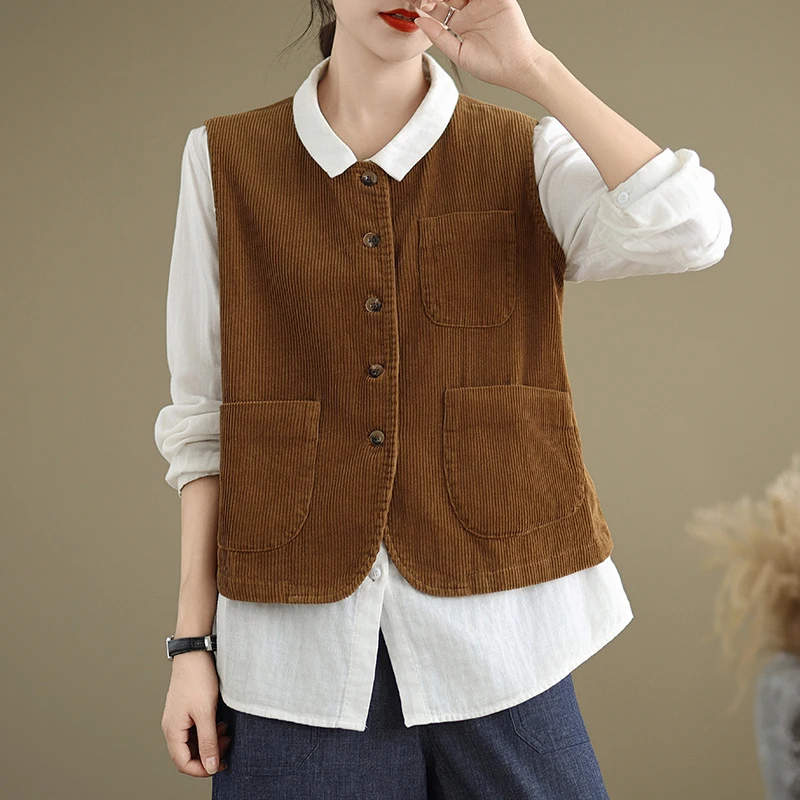 #5129 Vintage Corduroy Vest Women Single Breasted Short Vest Waistcoat Ladies O-Neck Loose Pockets Sleeveless Jacket Autumn 2024