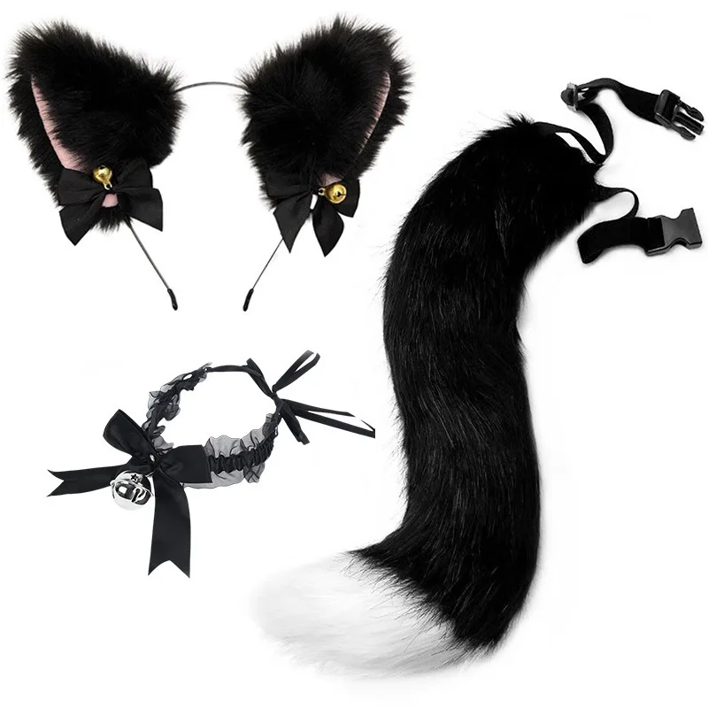 3 pçs/set pele macia raposa cauda orelhas de gato headwear laço sino colar cosplay traje lobo therian conjunto feminino festa de halloween accessori