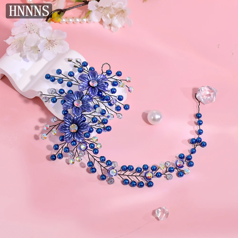 

HNNNS Blue Pearl Braided Hair Bands Handmade Exquisite Headpiece Bridal Hair Jewelry Wedding Banquet Party Hair Accessories A224