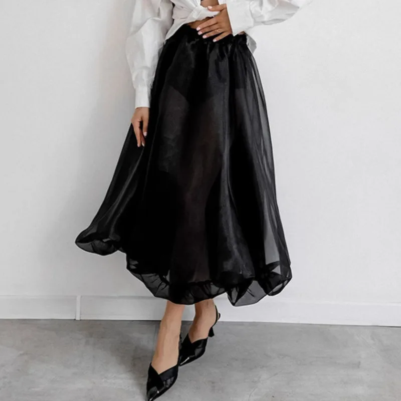 Black New Trendy Sexy Perspective Yarn Mesh High Waist Half Skirt Spring/Summer Fashion A-line Skirt