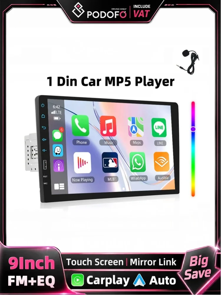 Podofo Carplay 9 Zoll Touchscreen 1Din Autoradio-Player unterstützt Android Auto, Bluetooth, FM, Mirror Link, USB, Auto-Multimedia-Audiogerät