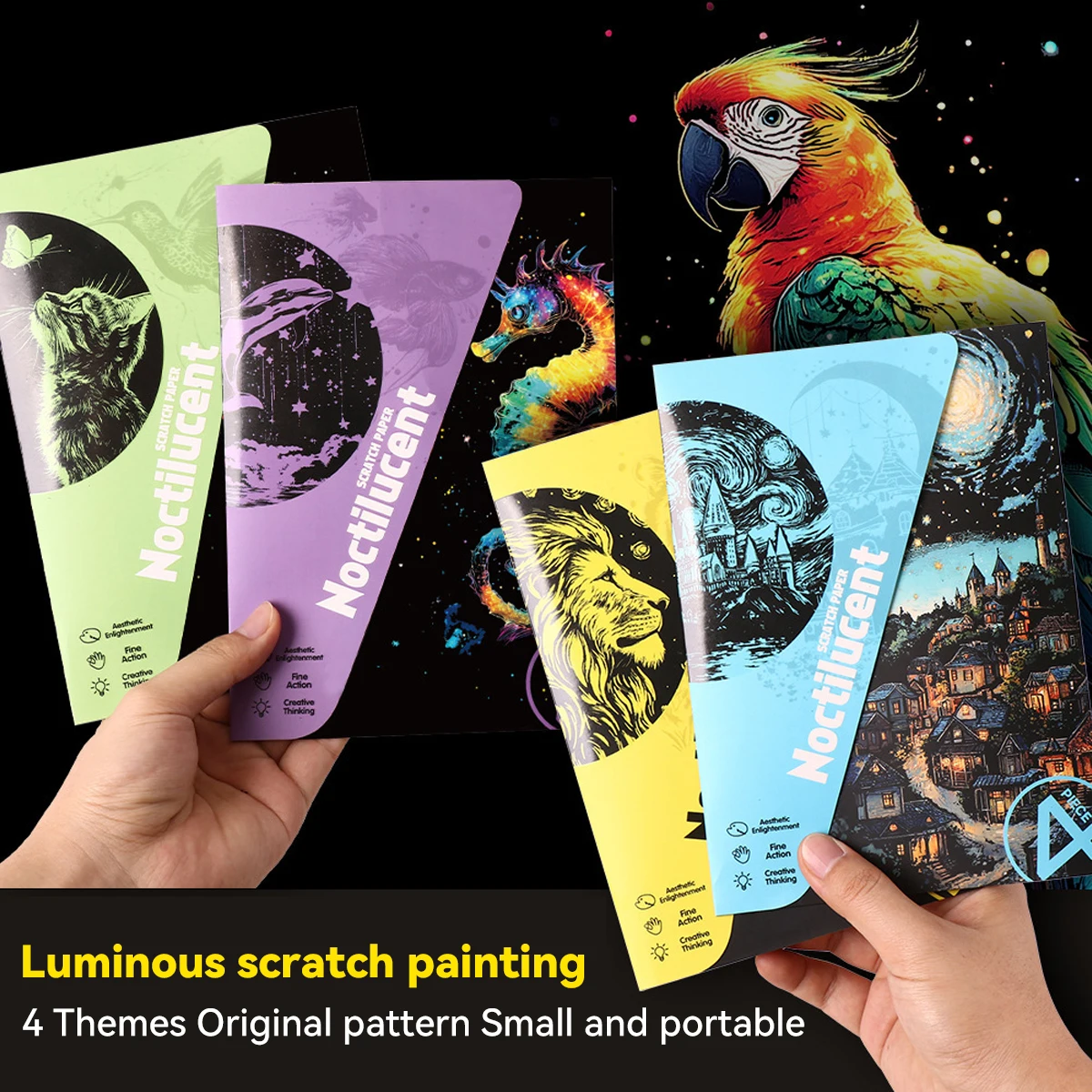 4 Pcs/Set A5 Noctilucent DIY Colorful Scratch Painting Castle Lanscape Cute Animal Night View Manual Scratch Painting Drawing