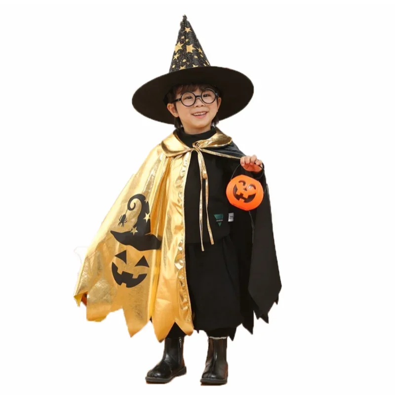 

RT01 Kids Halloween Unisex Witch Cosplay Cloak + Witch Hat 2 Piece Costume Carnival Party Fancy Gold Black Color Blocking Dr*Jk2