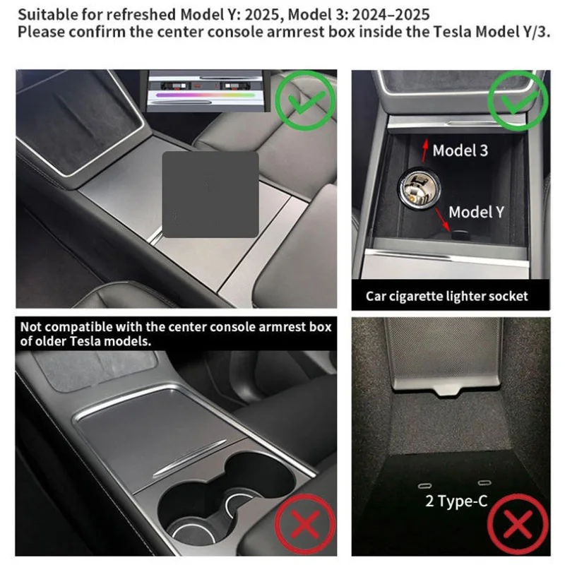 Fast Charger Car Armrest Docking Station for Tesla Model 3 Highland Model Y Juniper,Sliding Dust Cover Music Ambient Light view 5