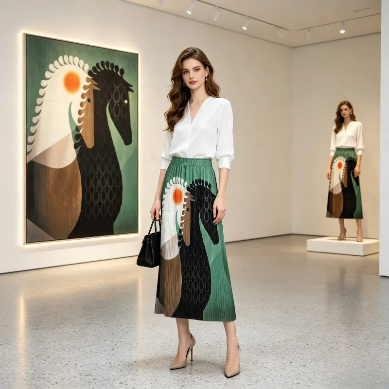 Miyake Pleated Skirt for Women 2026 Summer New High Waist Printed Casual Pleated Fashion Skirt Comfortable Half Skirt Pleat