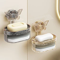 Suction Cup Soap Holder with Butterfly Design, Double Layer Soap Box with Sponge and Drainage, No Drilling Soap Storage Shelf