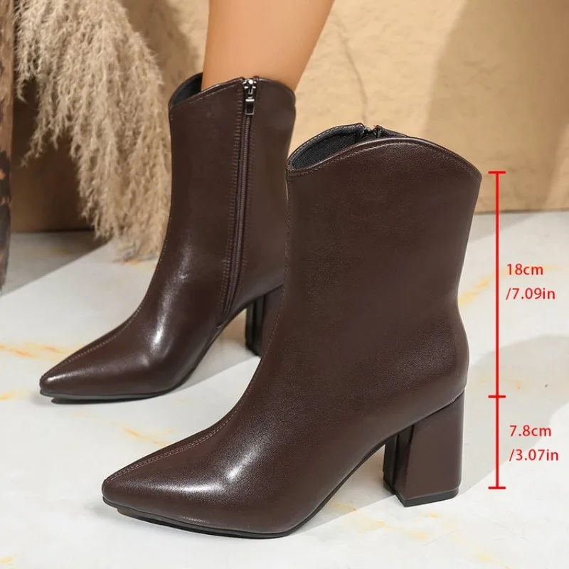 

Winter Patent Leather Women Ankle Boots Fashion Pointed Toe Short Booties Square High Heels Party Pumps Shoes Plus Size 41 42