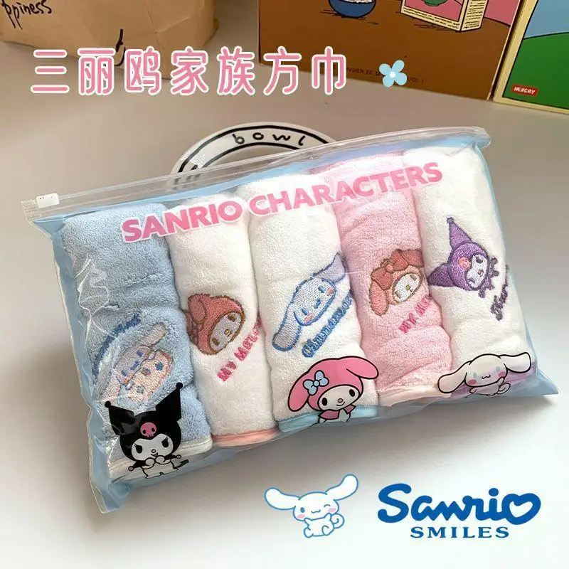 

Sanrio Kuromi Children square towel cartoon embroidery 5pcs skin-friendly absorbent wash face handkerchiefs to wipe hand towels