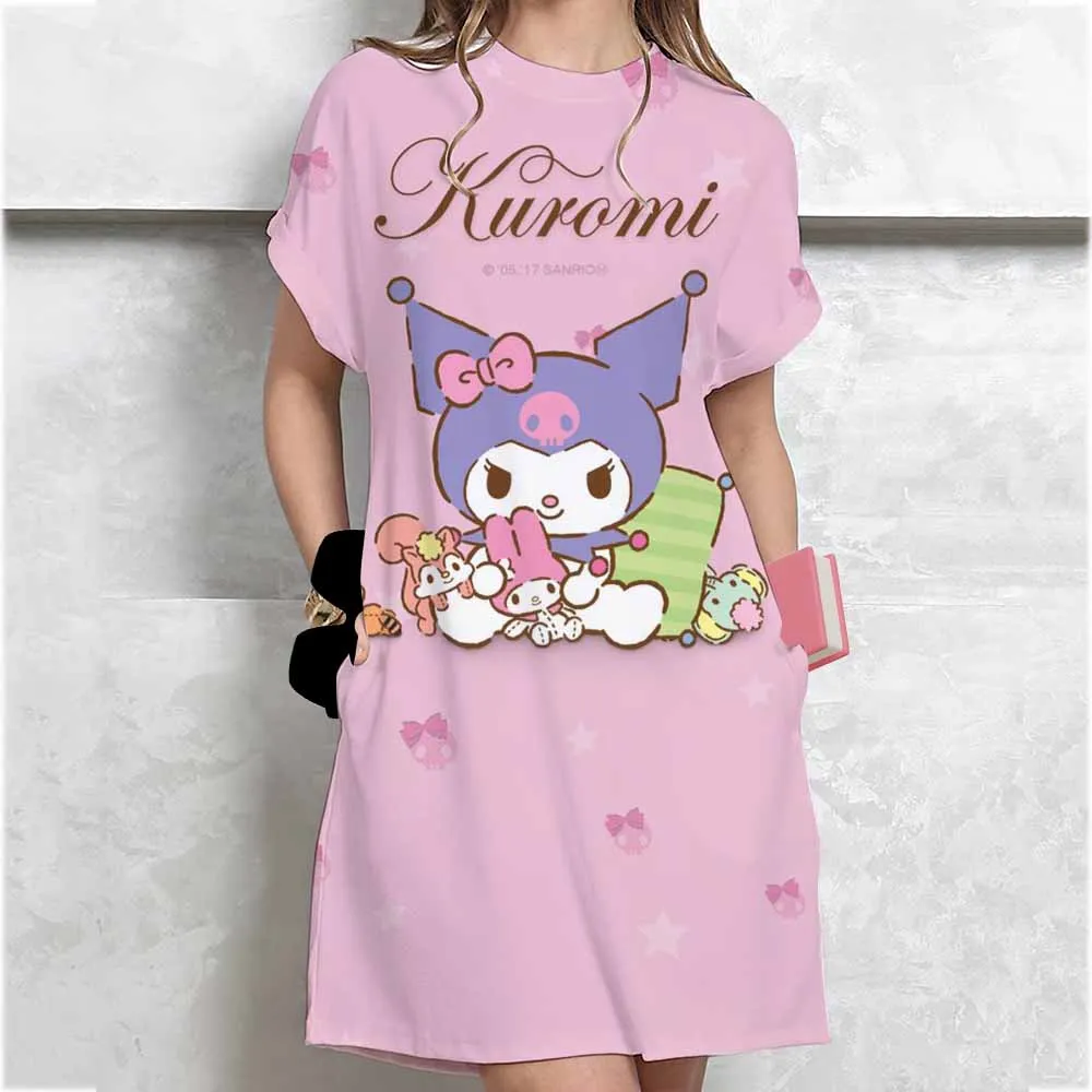 فستان نسائي صيفي تي شيرت كاجوال برقبة دائرية وأكمام قصيرة مطبوع عليه مرحبا كيتي فساتين صغيرة كورية ضيقة