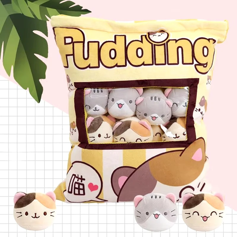 แมวน่ารักขนมขบเคี้ยวหมอนพุดดิ้ง Plushie ถุงตุ๊กตาสัตว์ตุ๊กตาที่ถอดออกได้ชุดน่ารัก Kawaii ของขวัญวันเกิดสําหรับเด็ก