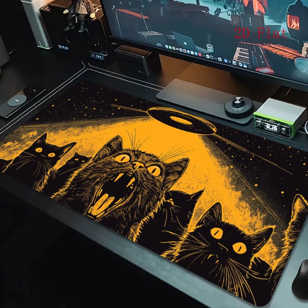 Alien UFO and Black Cat Game Table Mat - Non-slip Base Computer Mouse Pad Suitable for Office Use alfombrillas para escritorio