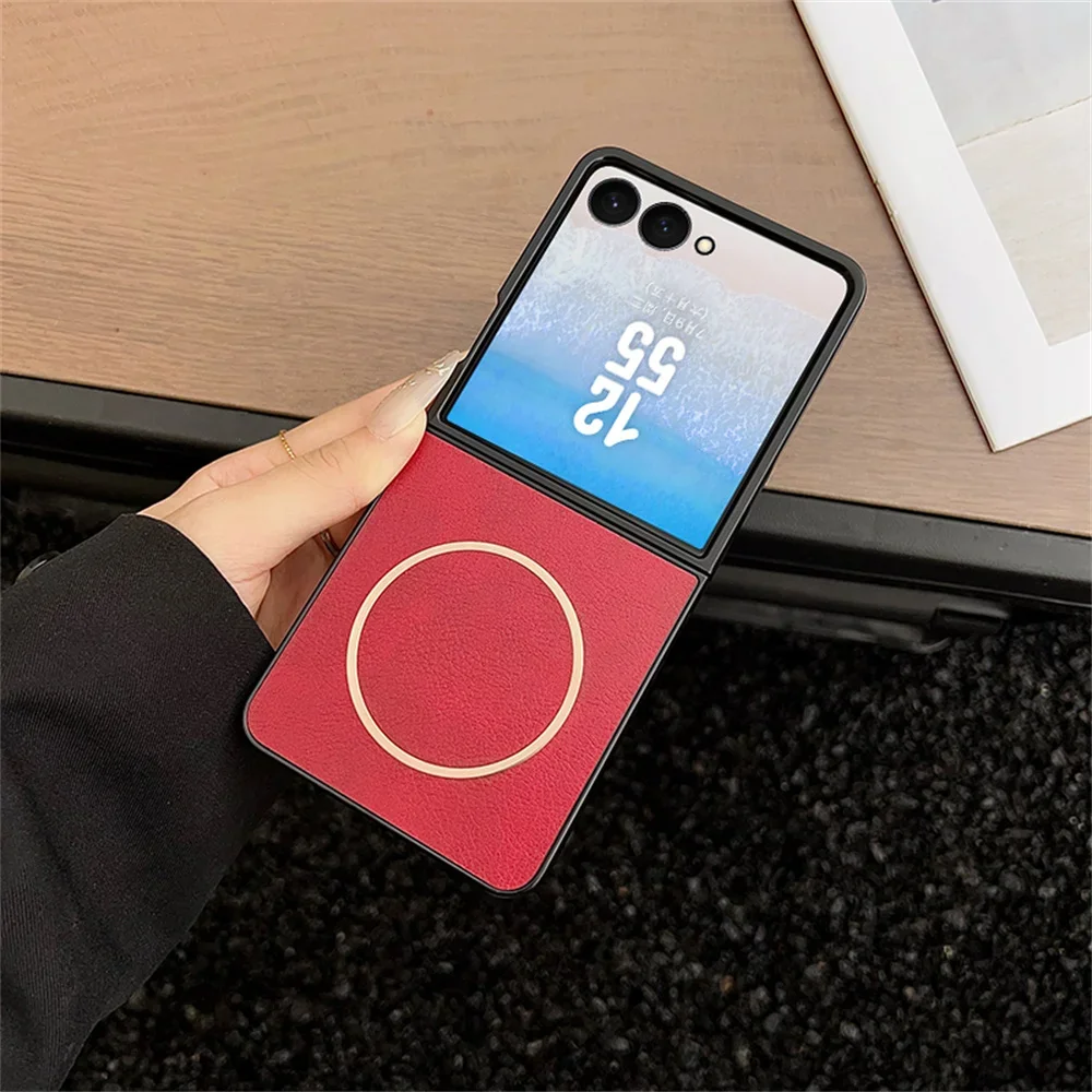 Retro Leather for Magsafe Phone Case for Samsung Galaxy Z Flip 5 6 7 8 Z Flip7 FE Magnetic Wireless Charge Protective Cover