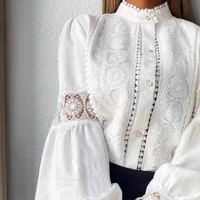 Ladies Interview Commuting Daily Lace Spliced Hollow Lantern Sleeves Commuting Casual Shirt
