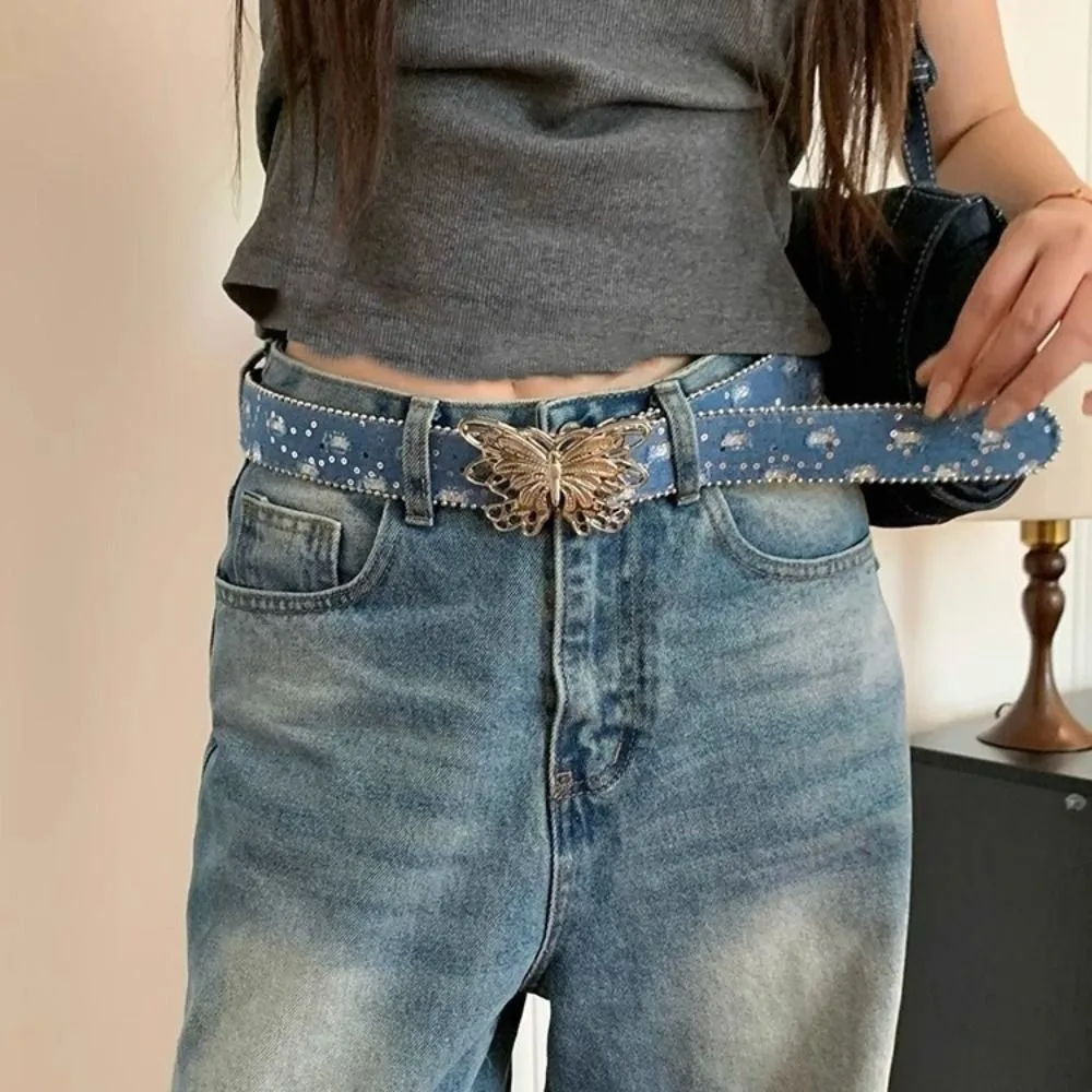 

Металлический пояс с пряжкой-бабочкой и стразами в стиле Y2K для джинсов, винтажный декоративный женский пояс для брюк