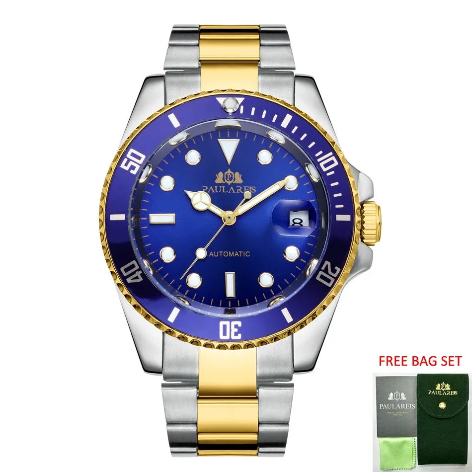 ساعات أوتوماتيكية للرجال ميكانيكية ذاتية الرياح من الفولاذ المقاوم للصدأ باللون الذهبي والأزرق والأخضر والأحمر وفاخرة مضيئة