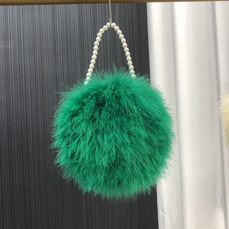 Real Ostrich Feather Handbag for Women Mini Purse Clutch with Pearl Chain Luxury Evening Party Round Bag