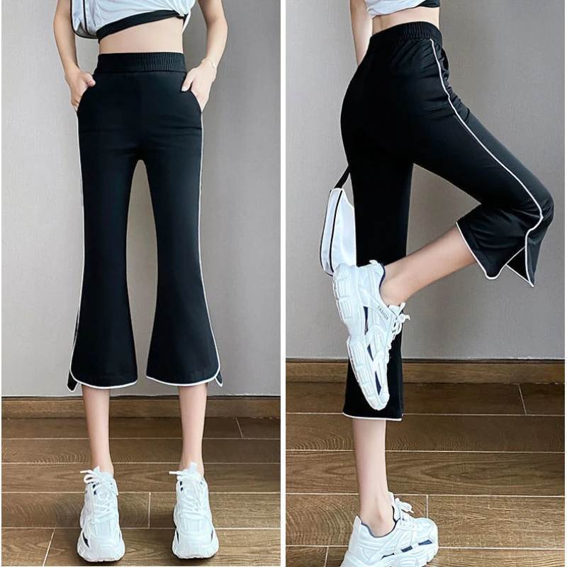 

Korean Fashion Summer Thin Capris Women's Solid Elastic Waist Pockets Patchwork Split High Waist Casual Flare Calf Length Pants