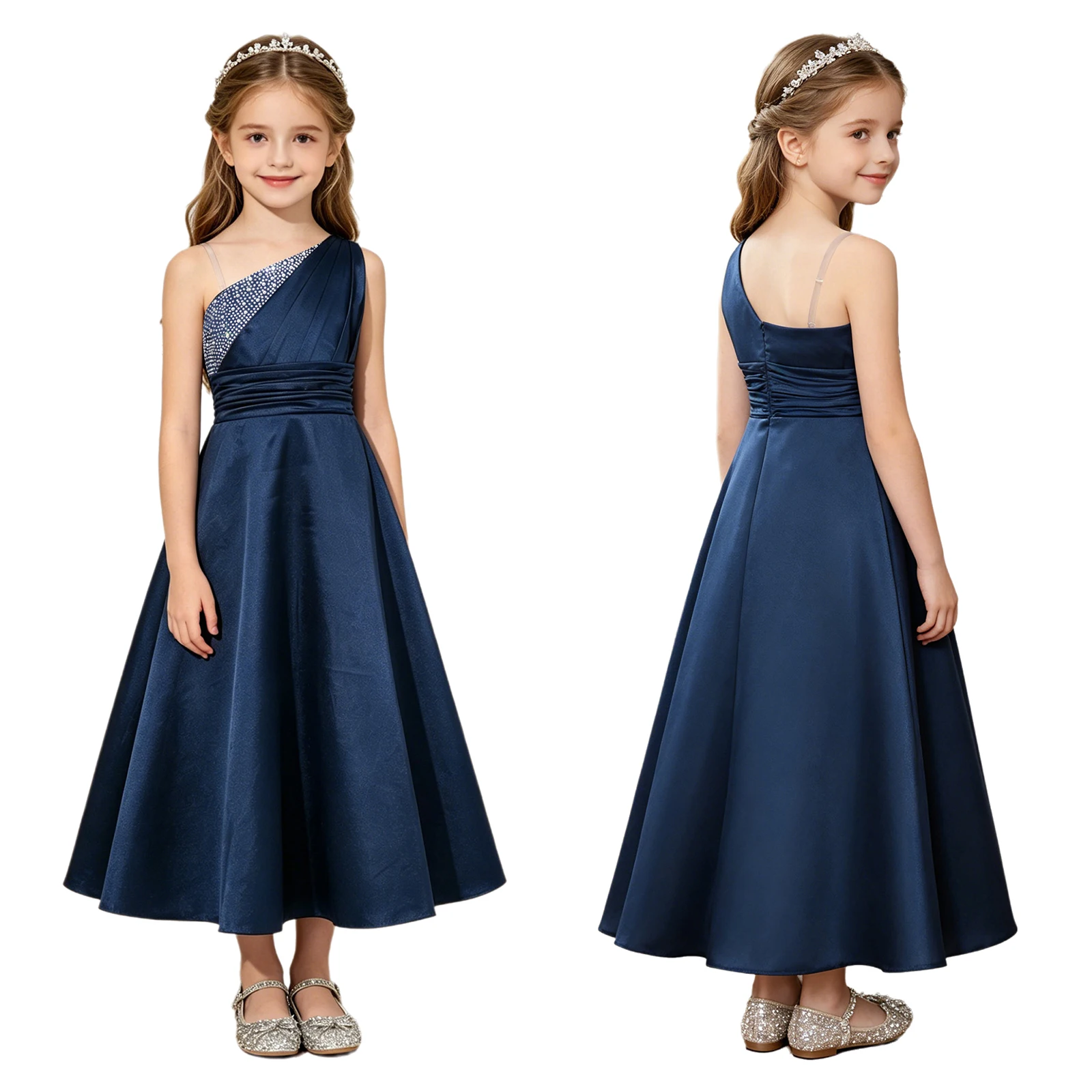 Satin Flower Girl Dress Kids One Shoulder Princess Party Gown Rhinestone Bodice Ruched Satin Maxi Dress Pageant Birthday Wedding