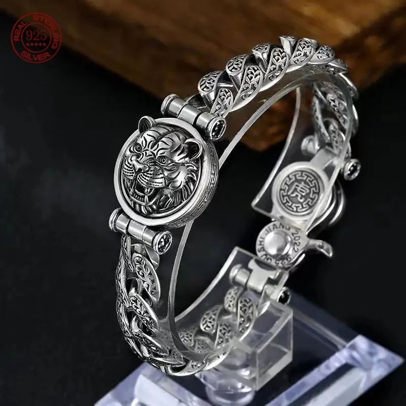 Great Sale 925 sterling silver Retro Personality Tang Grass Turning Transfer Tiger Bracelet Male Trendy Men  Fashion  Jewelry