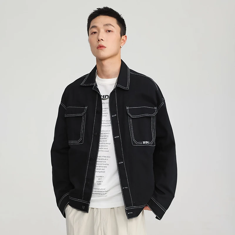 Jaket Denim bahu terbuka warna kontras baru jaket jeans Harajuku pasangan saku besar mode hitam putih M-5XL ukuran Plus