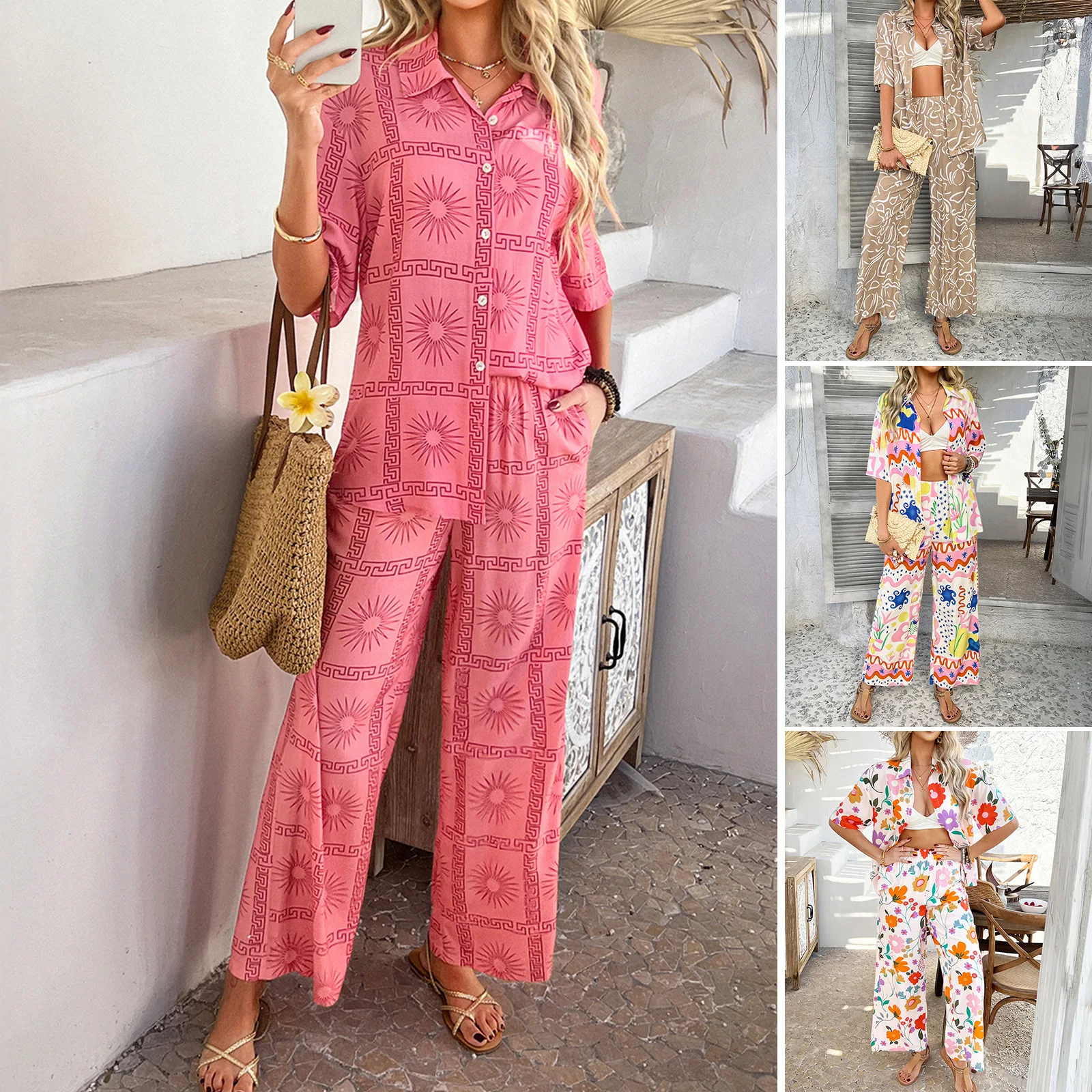 

2025 Spring And Summer Leisure Vacation Storm Bomisia Geometric Contrasting Color Cardigan Short-sleeved Wide-leg Pants Set
