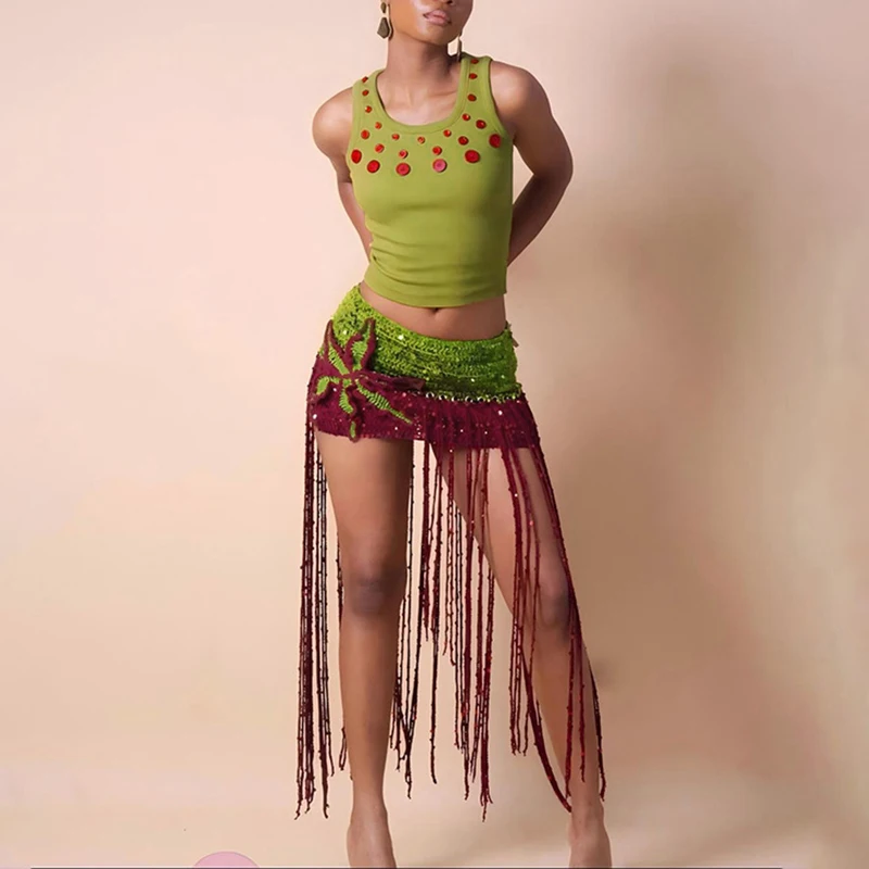 Tassel Splicing Wrap Hip Short Skirt Fashion Flower Crochet Beach Skirt New 2026 Color Blocked High Waisted Knitted Half Skirt