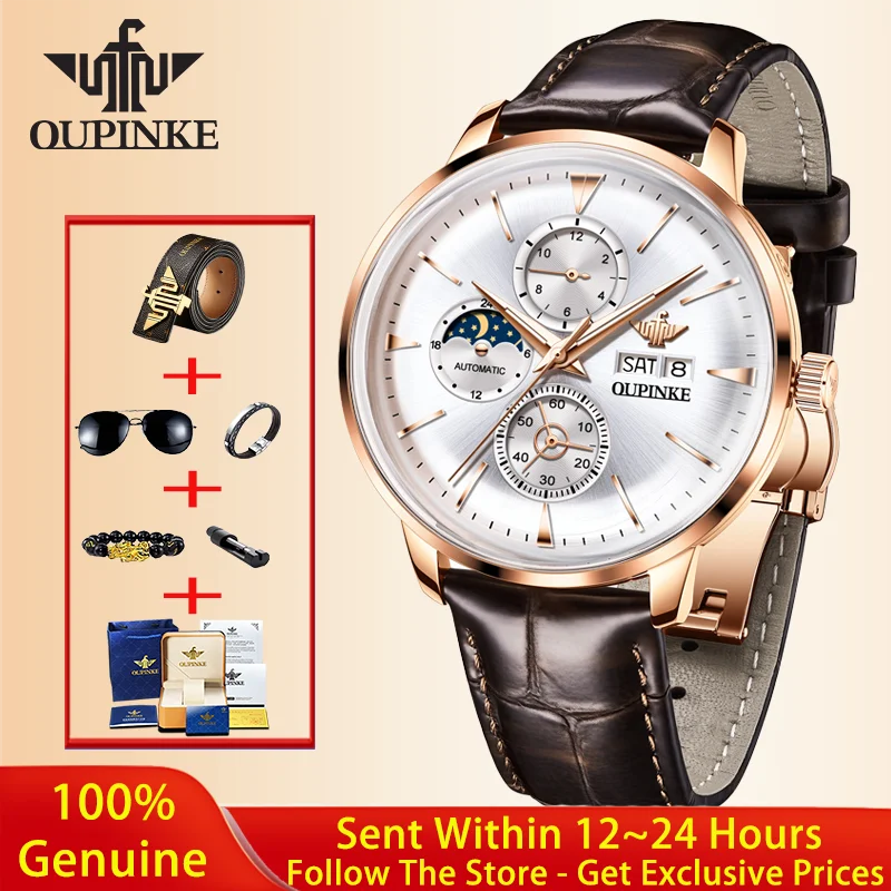 OUPINKE 3309 All Automatic Men Mechanical Watch Moon Phase Chronograph Men Waterproof Watch Dual Calendar High Luxury Men Watch