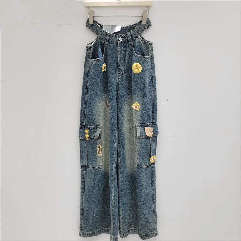 2026 Spring New Casual Jeans Y2K Street Style Metal Buckle Decorative Wide-leg Pants Women Sexy Hollow  Thin Versatile Trousers