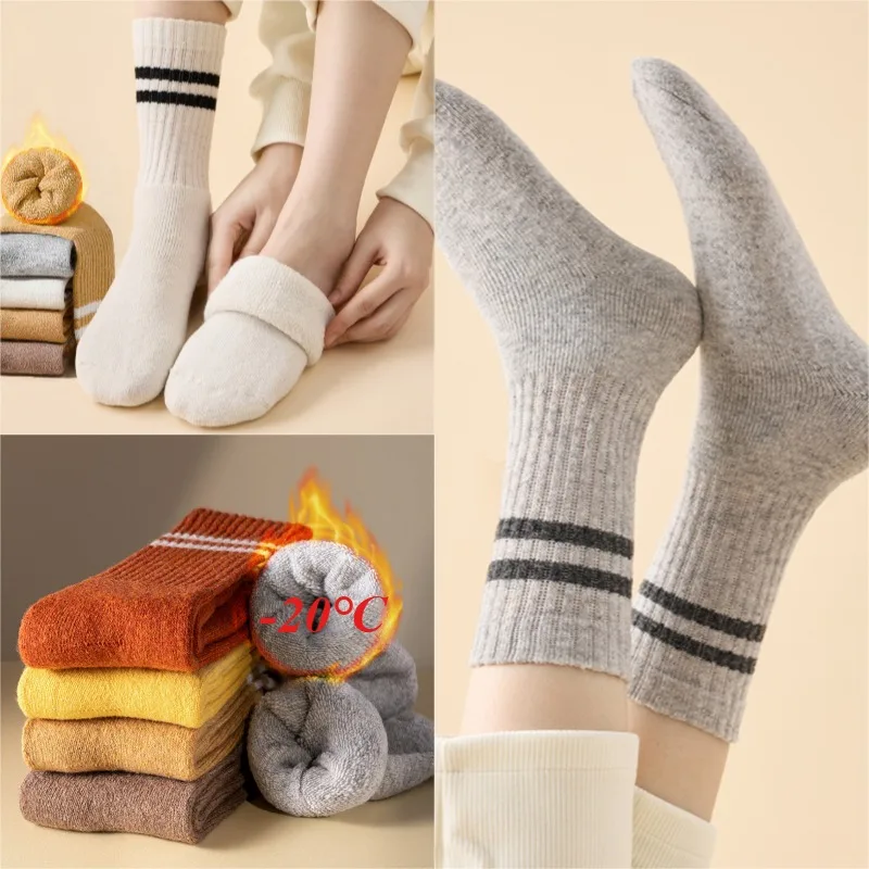 Winter Warme Frauen Socken Verdicken Thermische Socken Wolle Kaschmir Schwarz Weiß Streifen Schnee Socke Samt Unisex Boden Schlaf Socken Strumpfwaren
