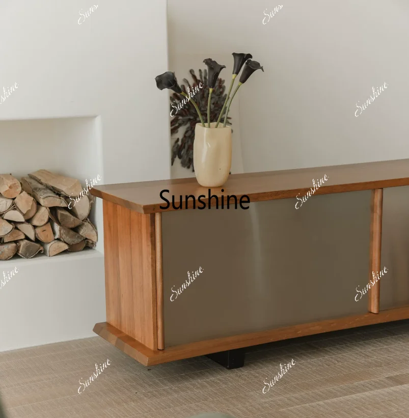French retro solid wood TV cabinet small apartment villa living room storage modern and simple