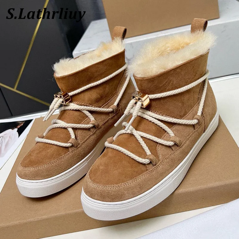 

2024 Winter Fur Non-slip Warm Snow Boots Women's Flat Thick Bottom Lace Up Short Boots Round Toe Wool Lining Casual Ankle Botas