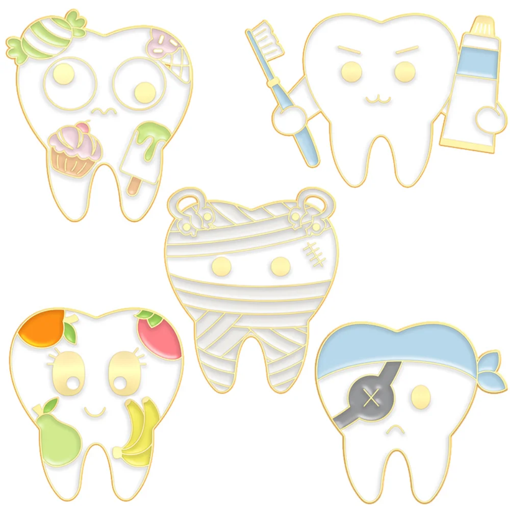 5 Piece Cute Cartoon-style Alloy Brooch for Teeth Protection Tooth Fairy Clothing Accessory Metal Pins for Kids