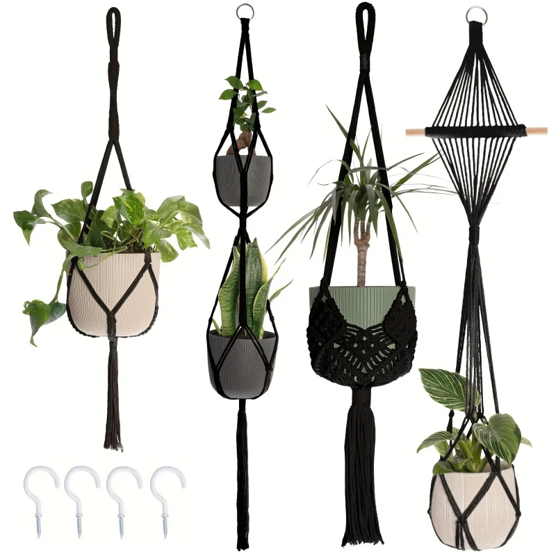 

Набор из 4 вешалок в богемном стиле для макраме с крючками. Прочные декоративные вешалки для растений и висувные стеллажи для стильных внутренних и наружных дома.