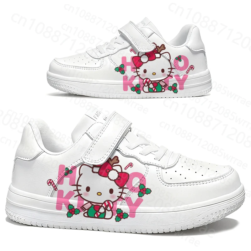 

New popular Super Cute Hello Kitty Youth student casual White shoes boys girls Waterproof leather Solid color sole birthday gift