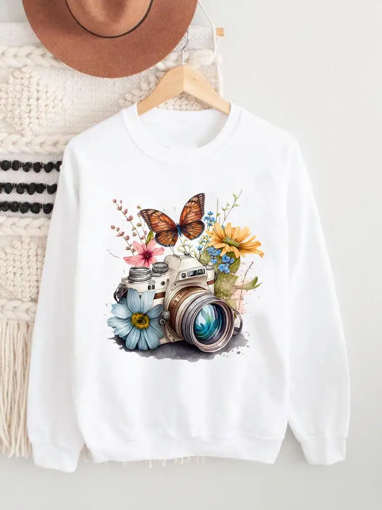 

Long Sleeve Flower Camera Trend 90s Fleece Print Pullovers Fashion Clothing Spring Autumn Winter Women Graphic Sweatshirts