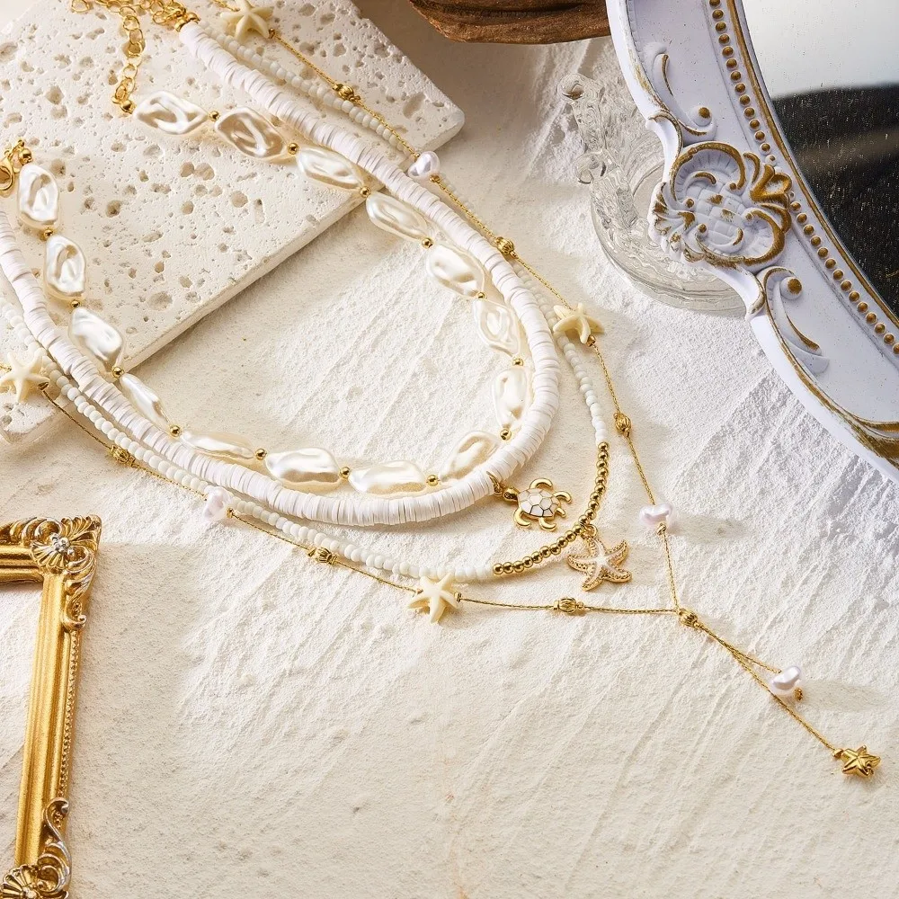 4Pcs/Set Fashion Boho Starfish Pendant Necklace Multilayer Beads Shell Choker Imitation Pearl Seashell Choker Gifts